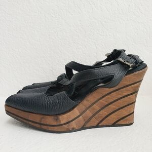 Rebeca Sanver Spain Y2K Leather Chunky Wedge Wood Platform Sandals 40EU